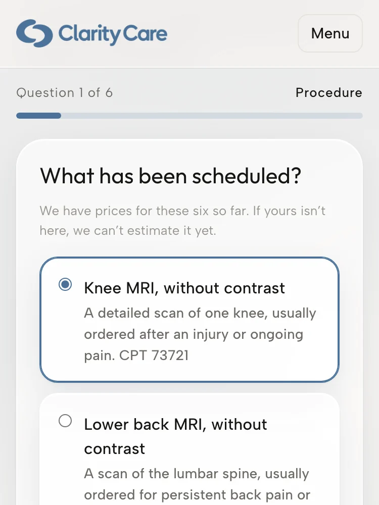 Survey question 1 of 6, what has been scheduled, with Knee MRI, without contrast selected.